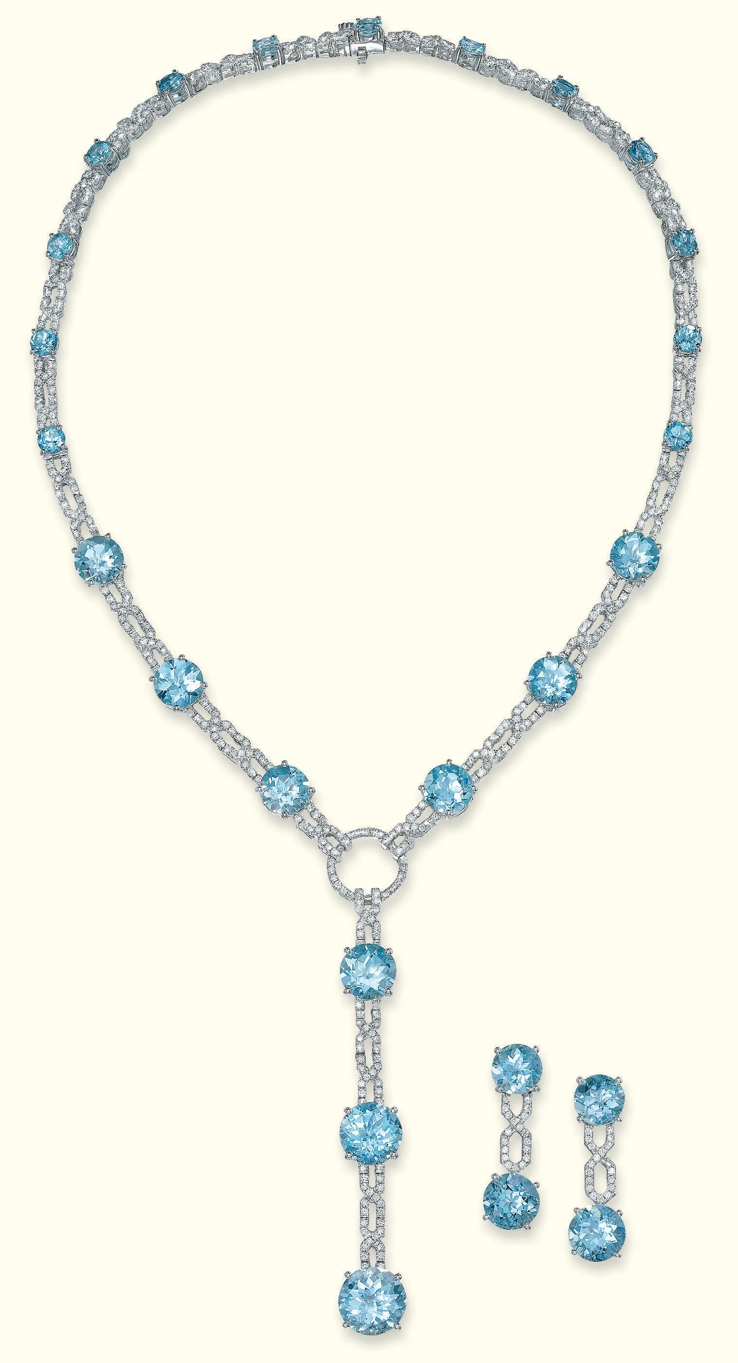 A PLATINUM AQUAMARINE AND DIAMOND NECKLACE AND EAR PENDANTS