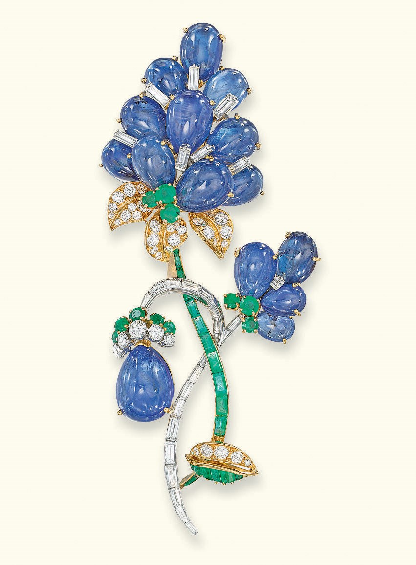A SAPPHIRE, DIAMOND AND EMERALD BROOCH, BY MAUBOUSSIN