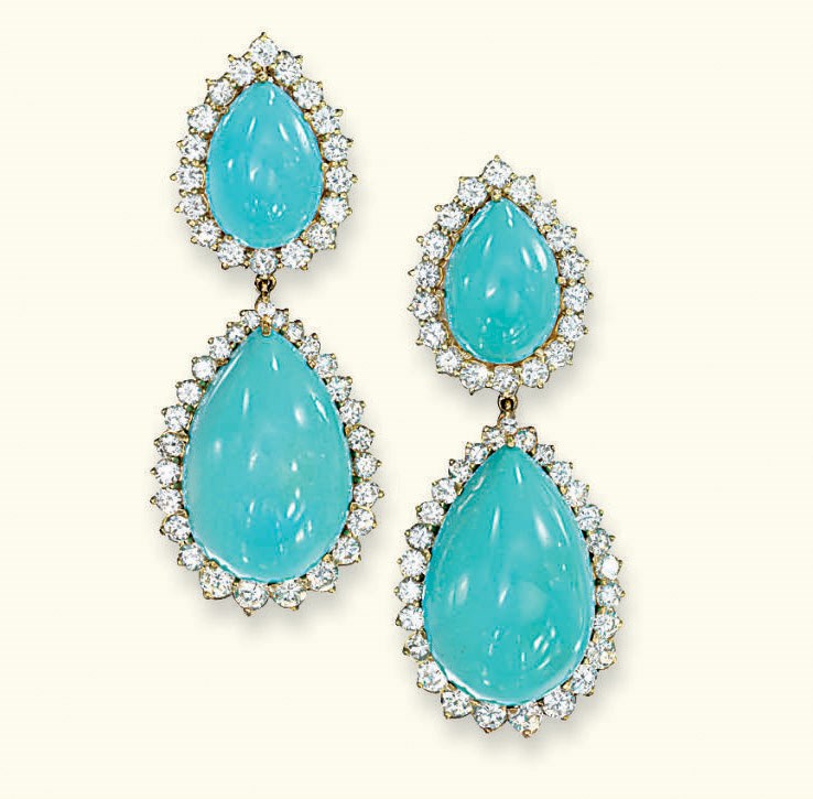 A PAIR OF TURQUOISE AND DIAMOND EAR PENDANTS