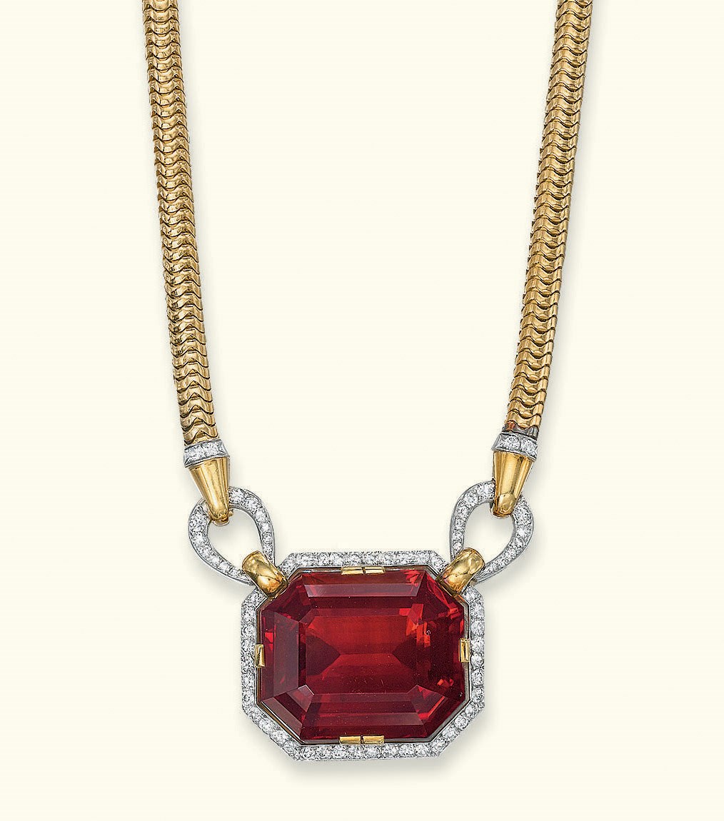 A RETRO CITRINE AND DIAMOND PENDENT NECKLACE