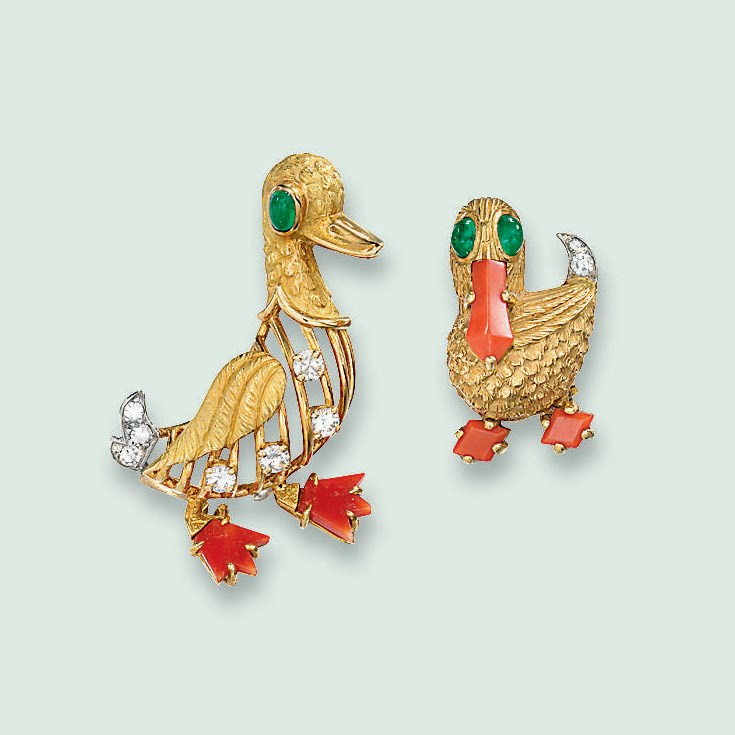 TWO DIAMOND, CORAL AND EMERALD DUCK BROOCHES, BY CARTIER