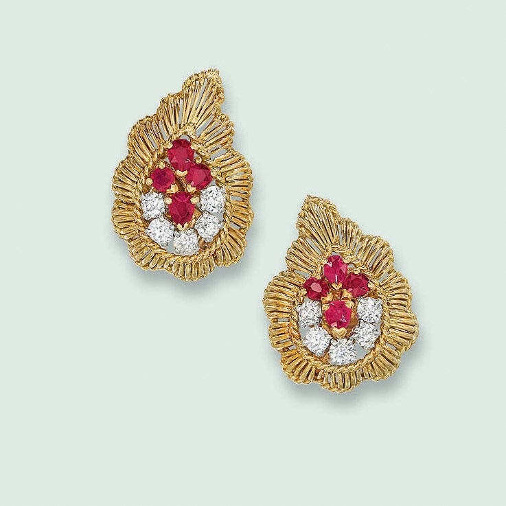 A PAIR OF RUBY AND DIAMOND EAR CLIPS, MOUNTED BY CARTIER