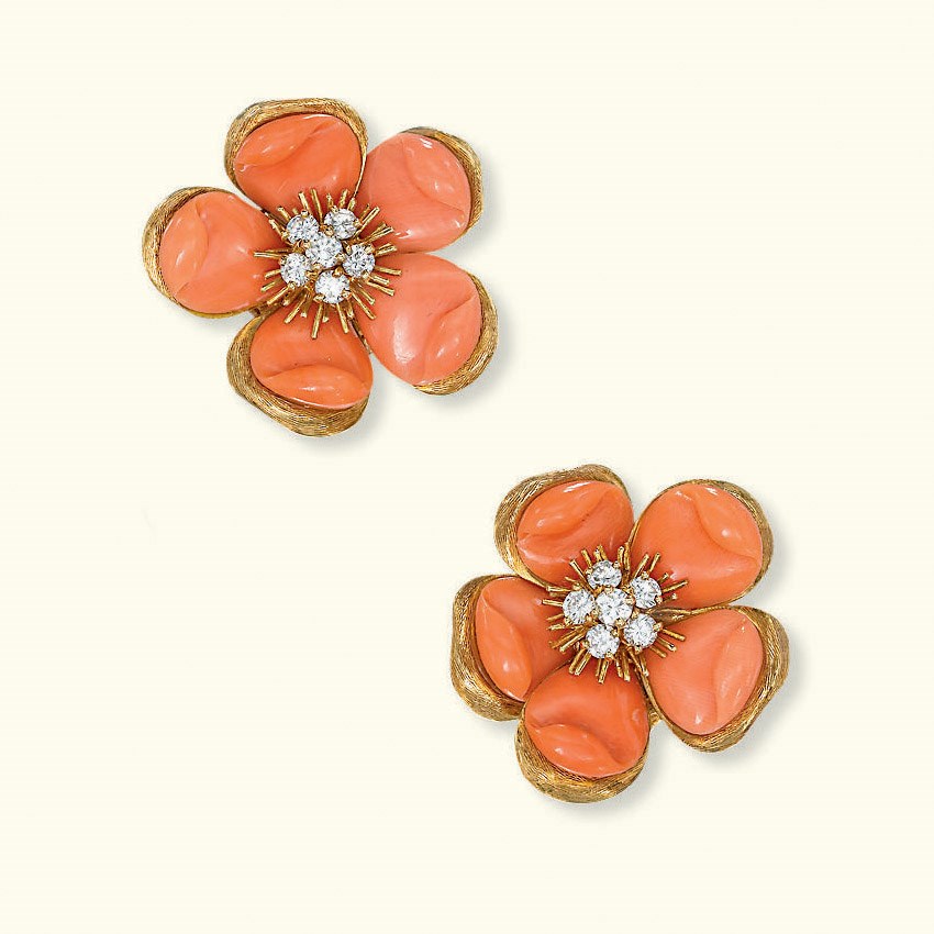 A PAIR OF CORAL AND DIAMOND EAR CLIPS, BY VAN CLEEF & ARPELS