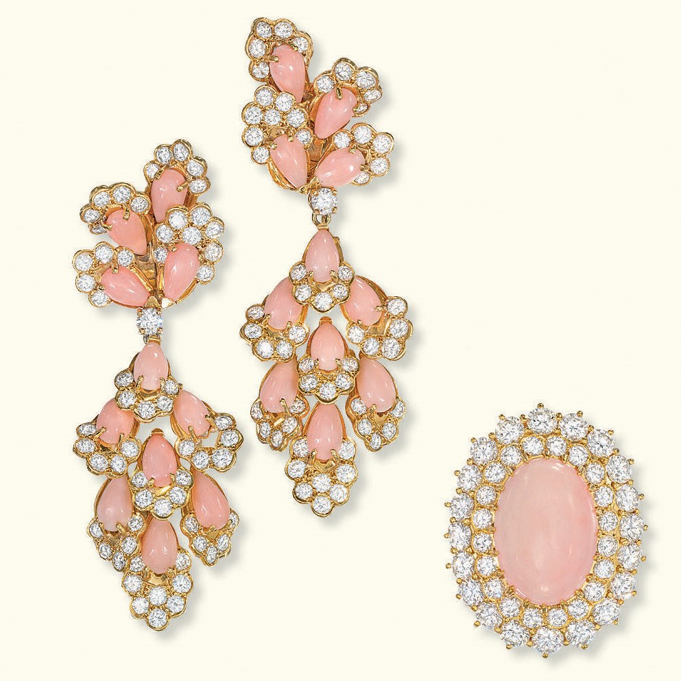 A PAIR OF CORAL AND DIAMOND EAR PENDANTS, BY VOURAKIS AND A RING