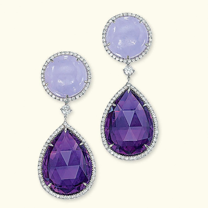 A PAIR OF JADEITE AND AMETHYST EAR PENDANTS, BY MARGHERITA BURGENER
