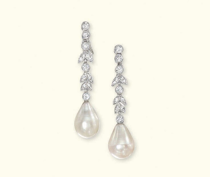 A PAIR OF NATURAL PEARL AND DIAMOND EAR PENDANTS