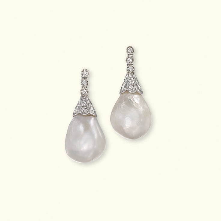 A PAIR OF NATURAL PEARL EAR PENDANTS