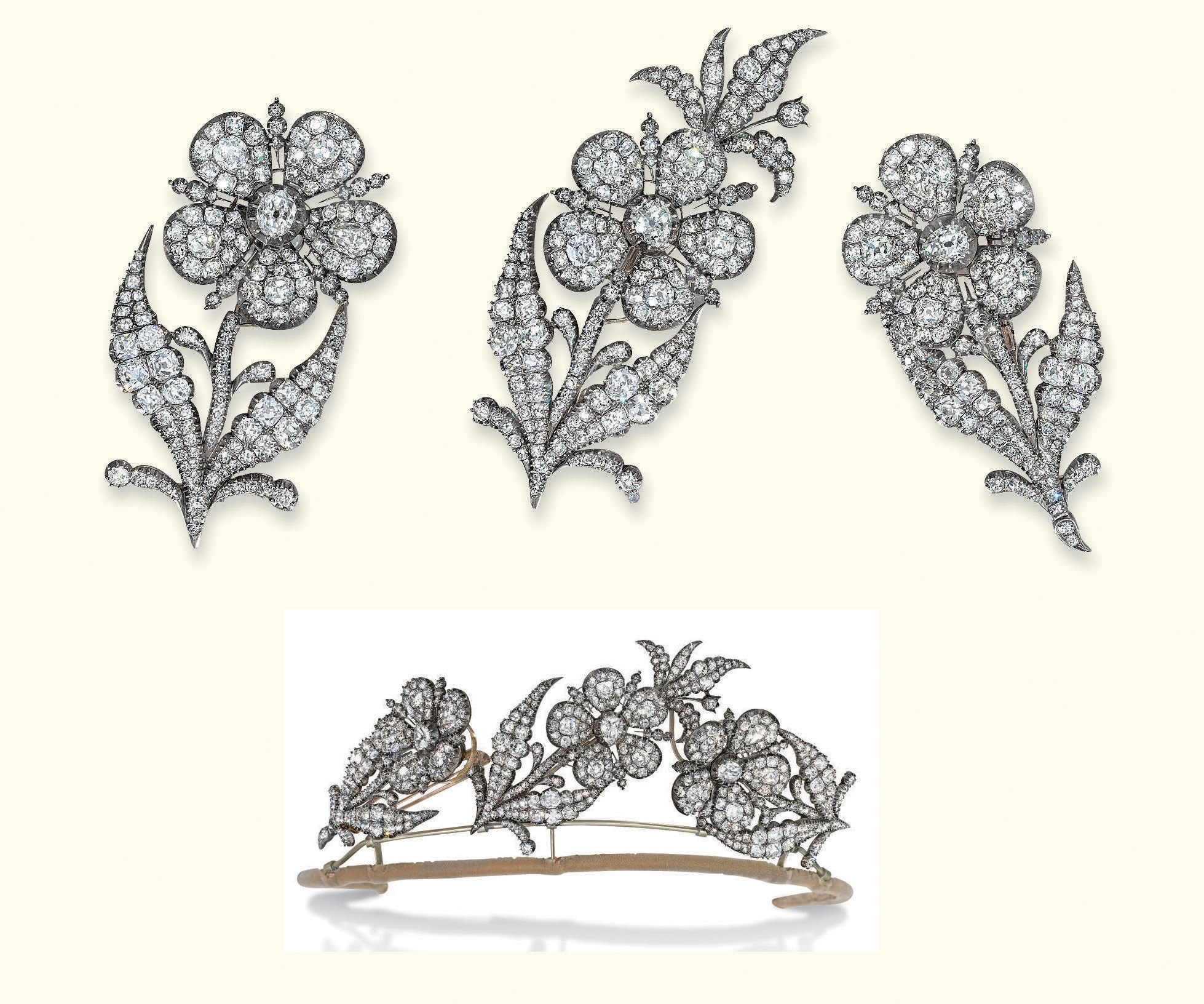 A GROUP OF THREE GEORGE III FLOWER BROOCHES FORMING A TIARA