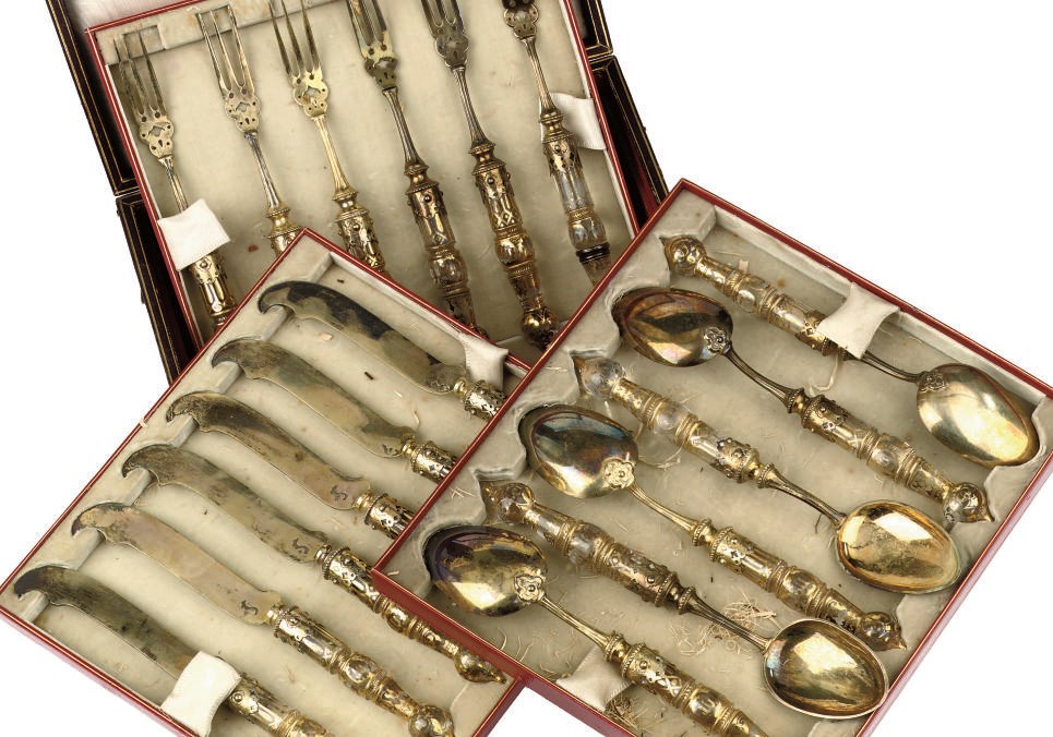 A set of six silver-gilt and glass fruit-spoons, forks and knives