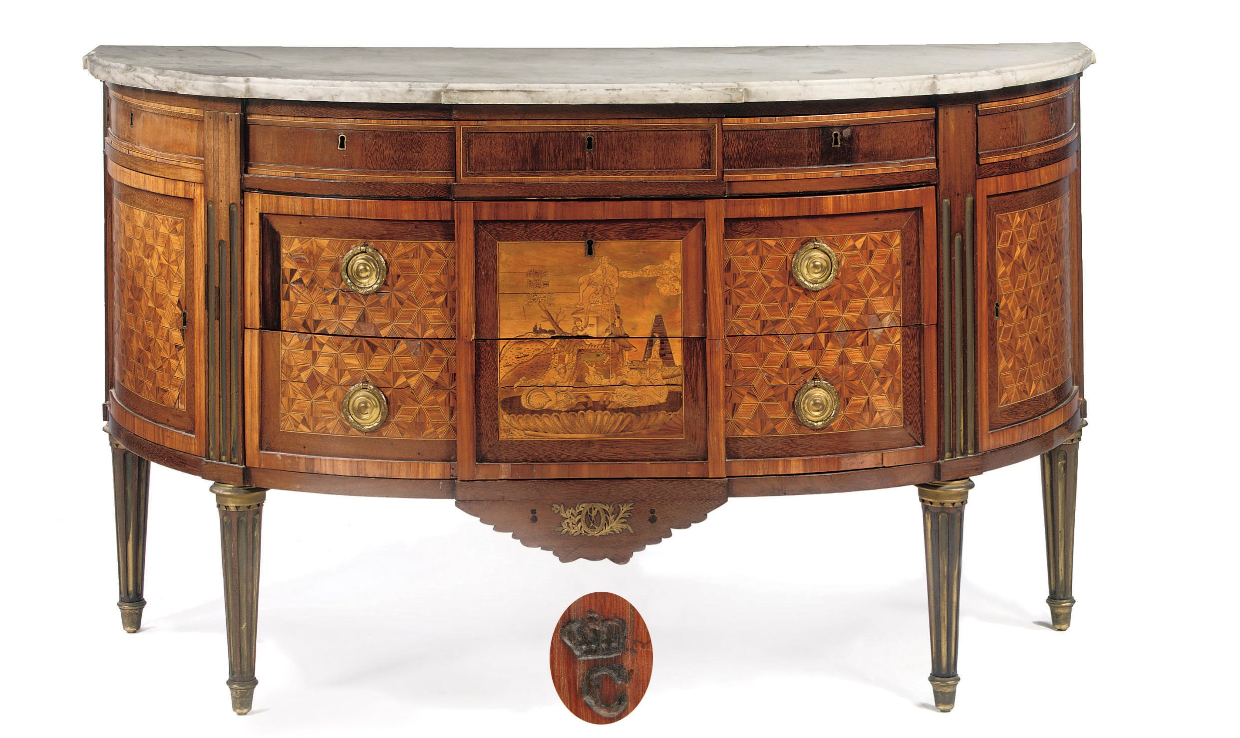 A GERMAN ORMOLU-MOUNTED TULIPWOOD, AMARANTH AND FRUITWOOD MARQUETRY AND PARQUETRY DEMILUNE COMMODE