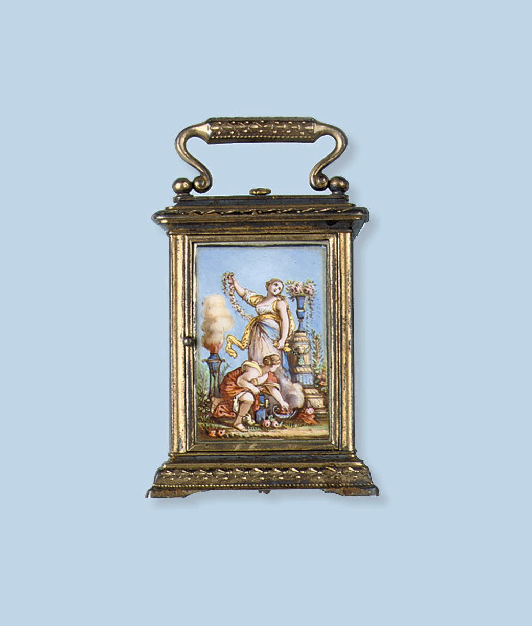 A SWISS SUBMINIATURE GILT-BRASS AND CHAMPLEVE LIMOGES ENAMEL TRAVEL TIMEPIECE, LATE 19TH CENTURY