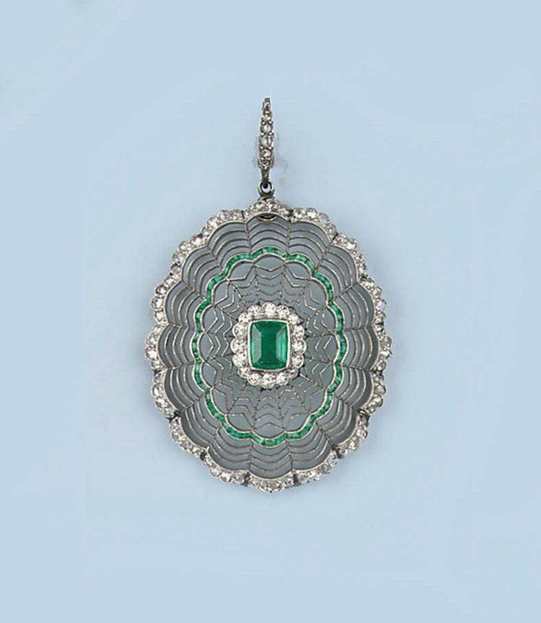 A BELLE EPOQUE EMERALD AND DIAMOND PENDANT