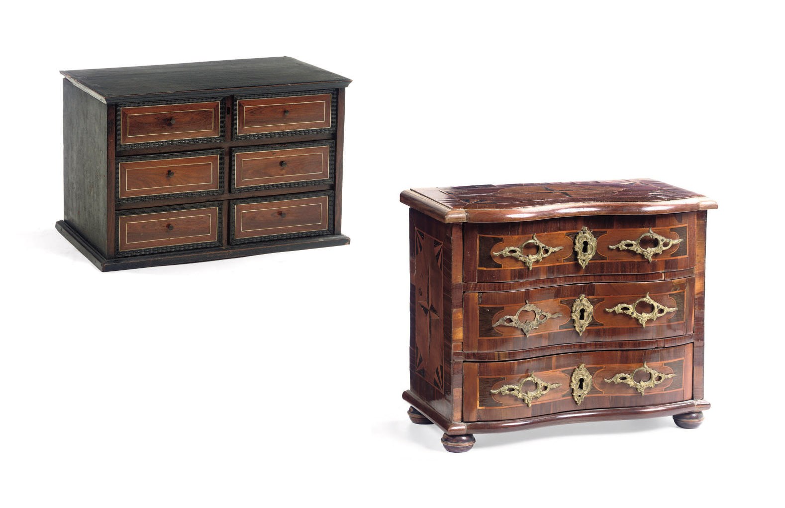 A GERMAN ORMOLU-MOUNTED FRUITWOOD, BOG OAK AND MARQUETRY MINIATURE COMMODE