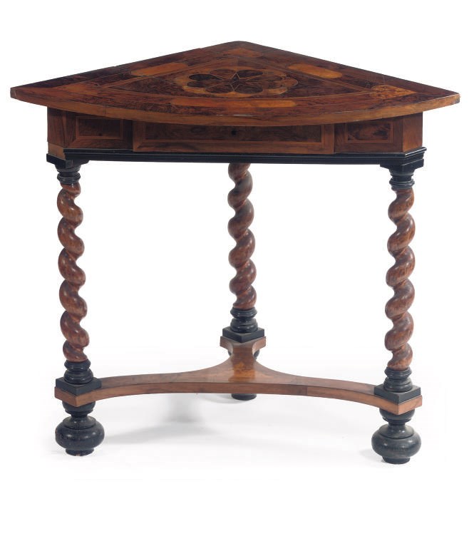 A GERMAN WALNUT, BIRCH AND MARQUETRY CORNER CONSOLE TABLE
