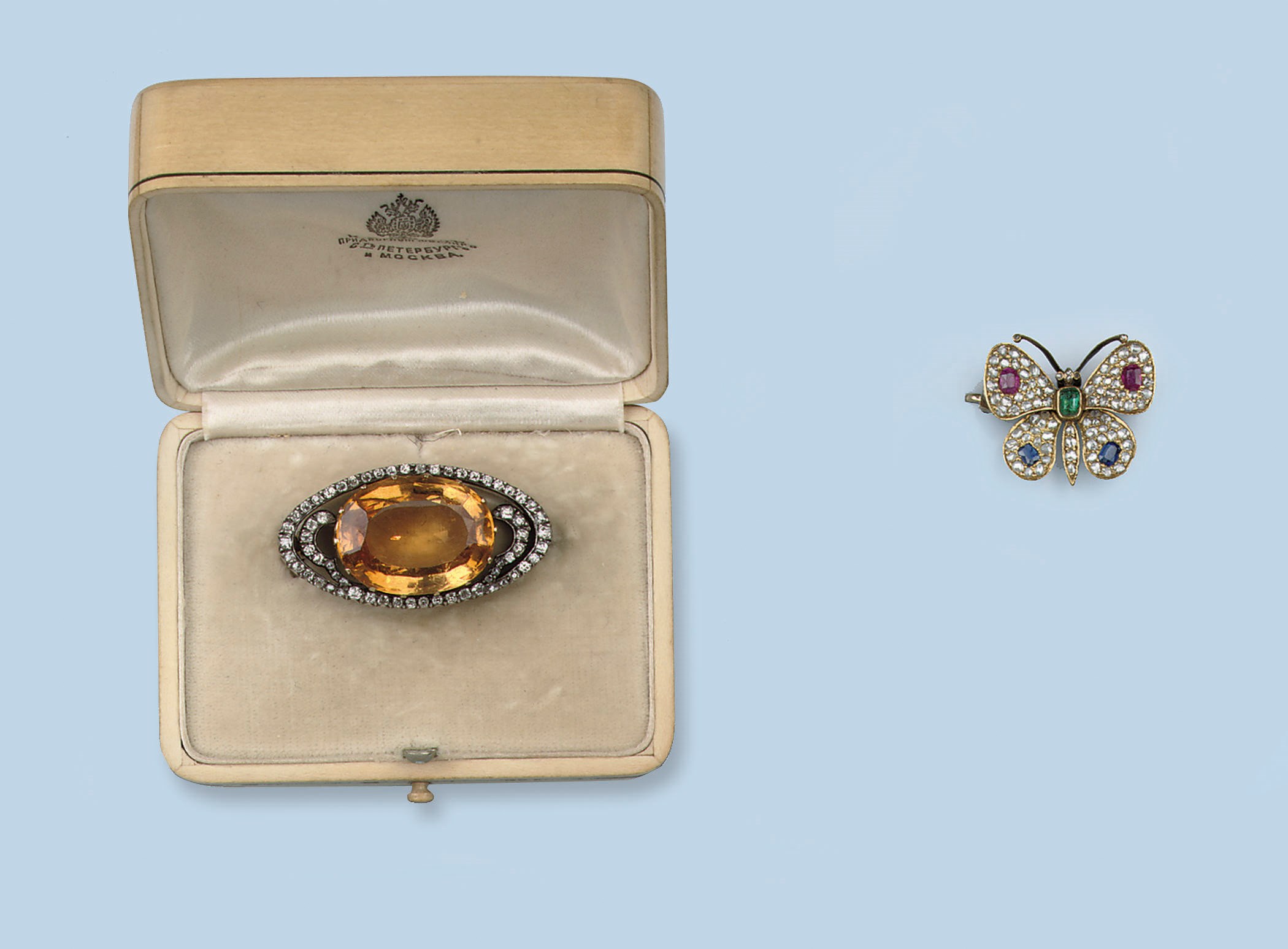 TWO GEM SET AND DIAMOND BROOCHES