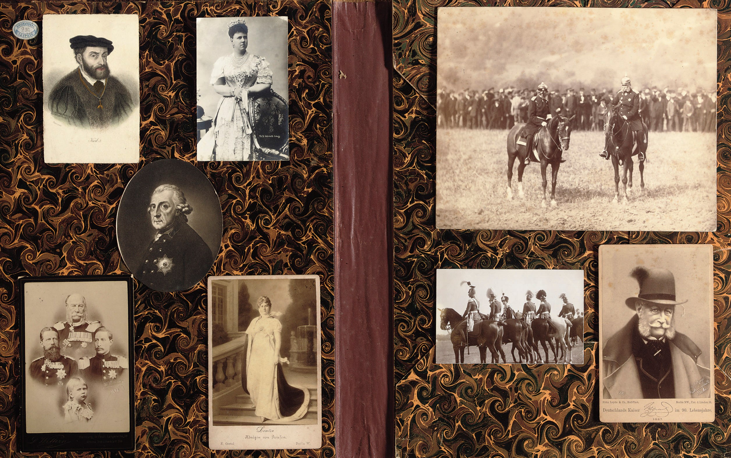 A PHOTO CARD OF EMPEROR WILHELM I ON HORSEBACK