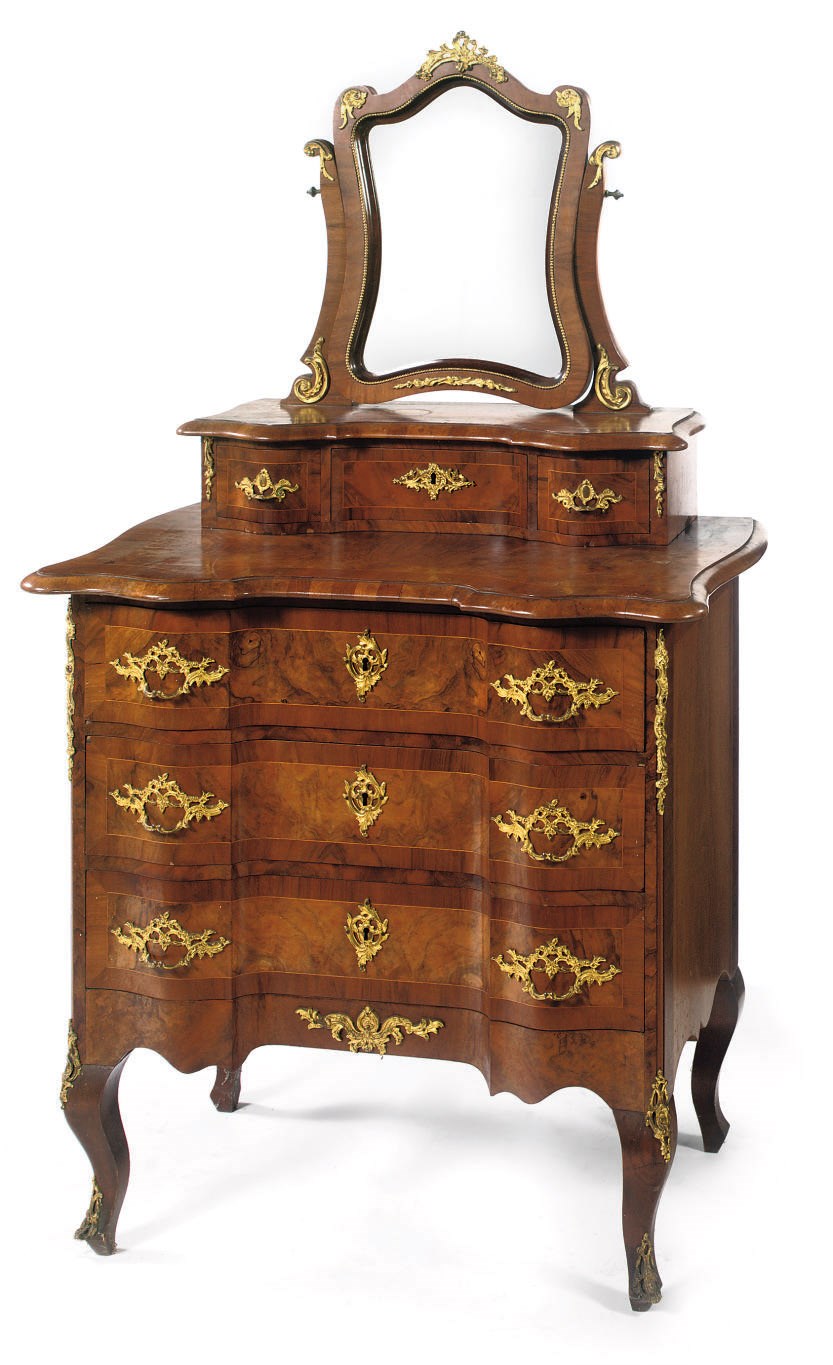 A GERMAN ORMOLU-MOUNTED WALNUT AND FIGURED WALNUT COMMODE WITH TOILET MIRROR