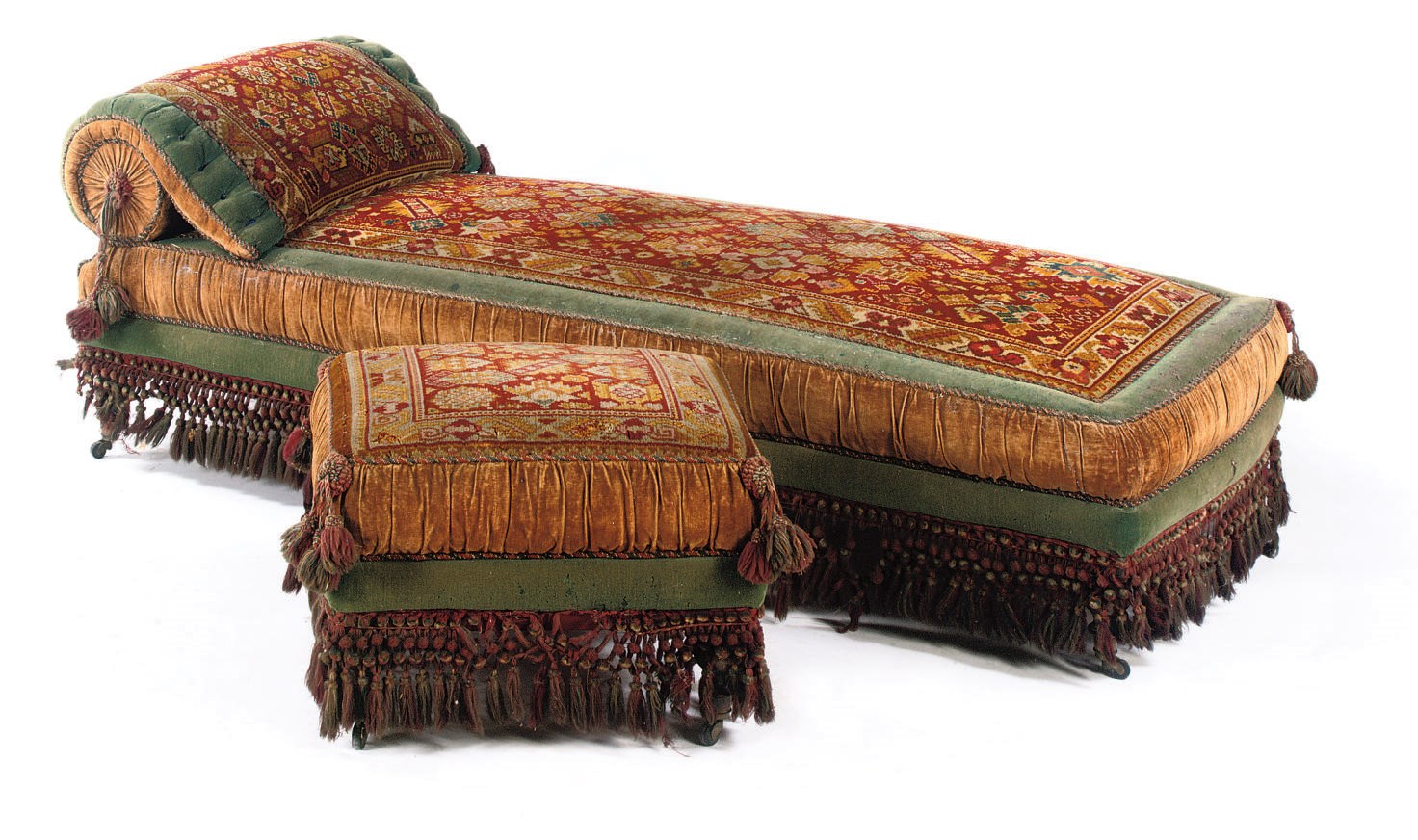 A GERMAN BEECHWOOD DAYBED AND A SQUARE STOOL