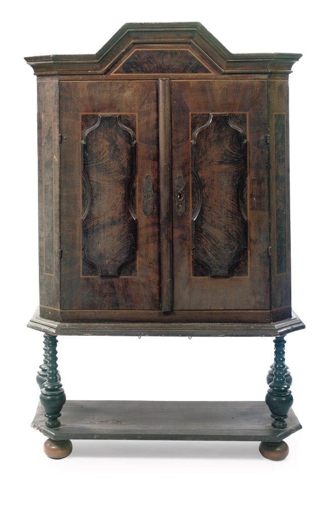 A GERMAN GRAINED WOOD CABINET ON STAND