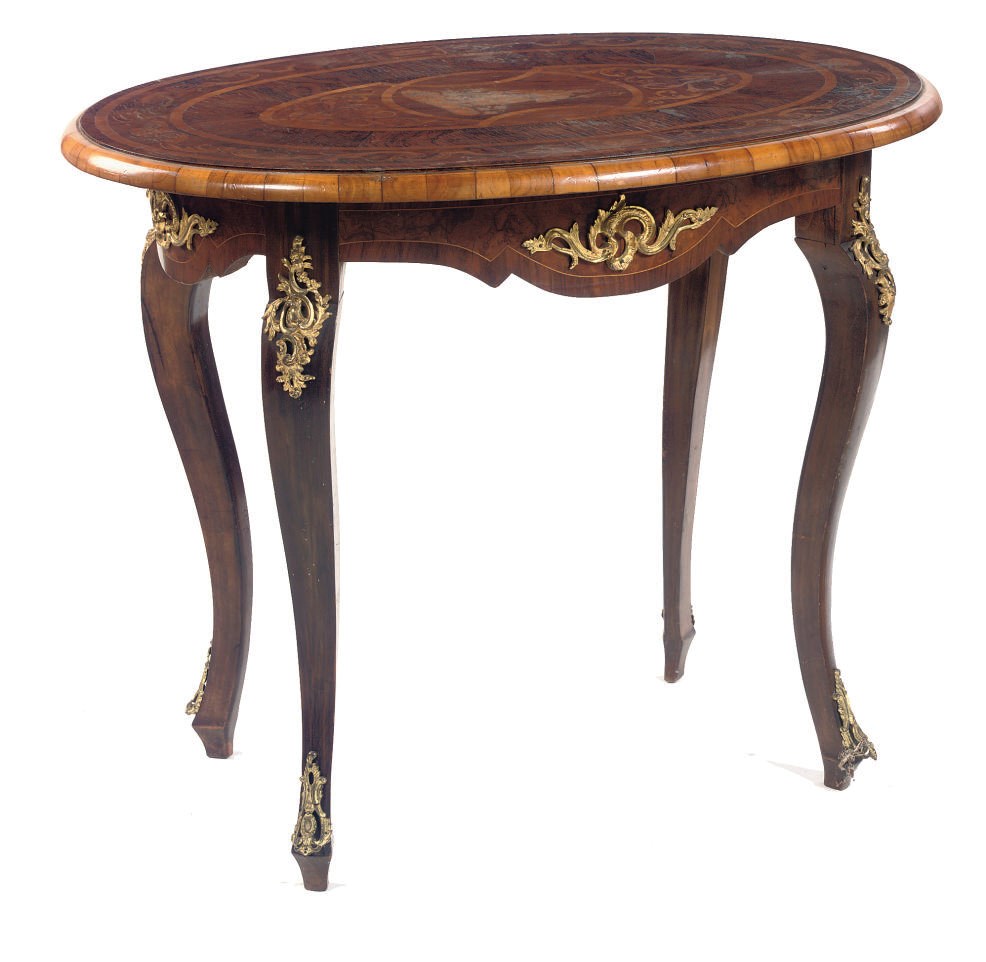 A GERMAN ORMOLU-MOUNTED WALNUT, FIGURED WALNUT AND MARQUETRY CENTRE TABLE