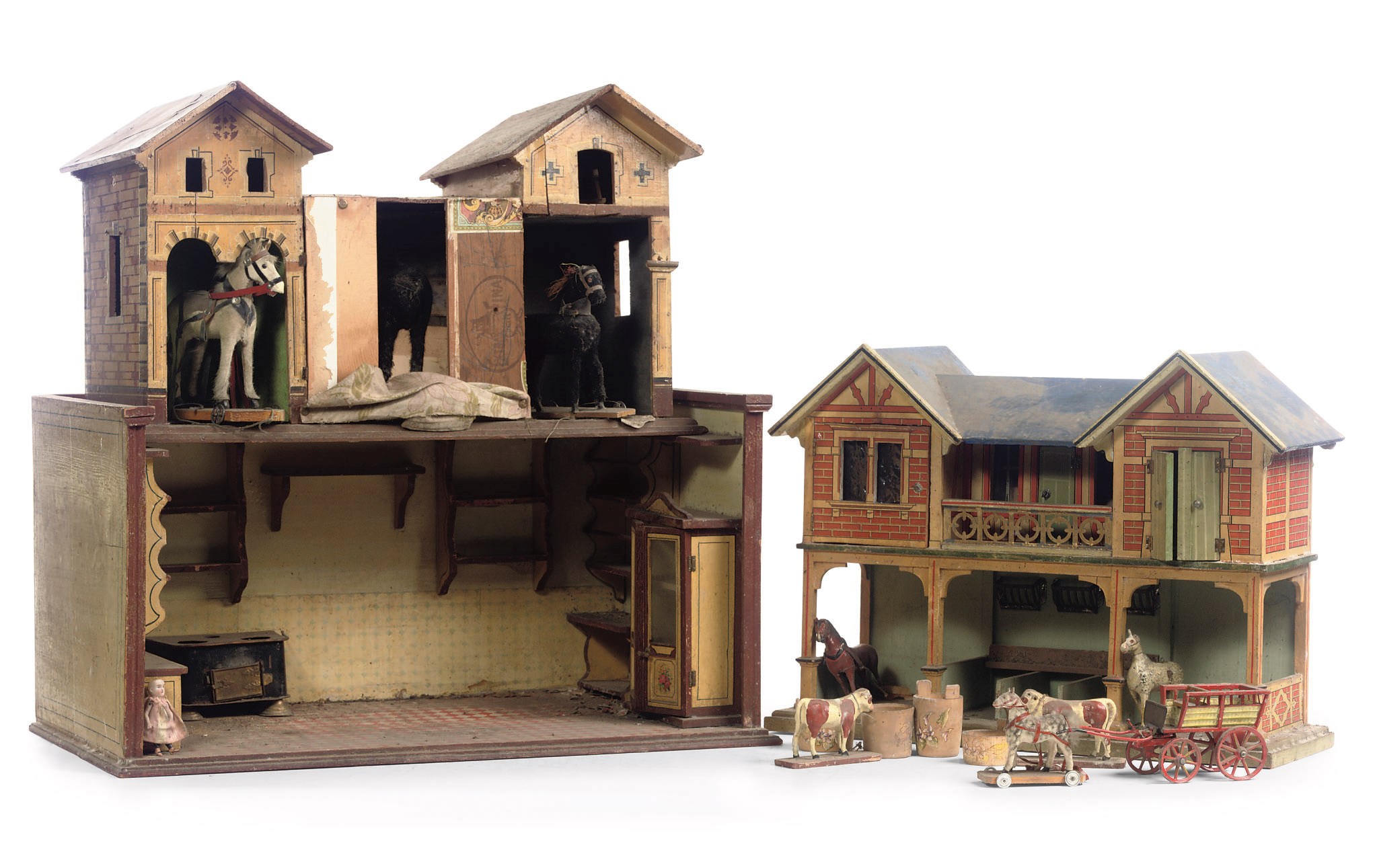 A LOT OF THREE GERMAN POLYCHROME DECORATED DOLL'S HOUSES