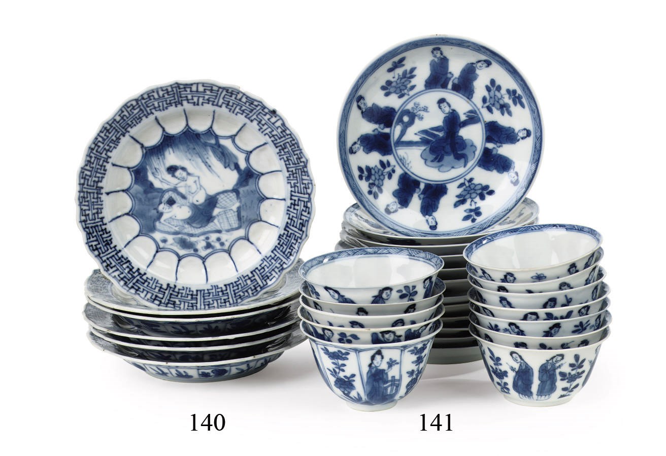 A set of six Chinese blue and white 'acupuncturist' saucers