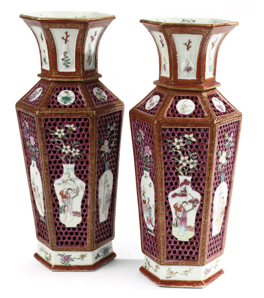 A pair of Chinese famille rose reticulated hexagonal vases