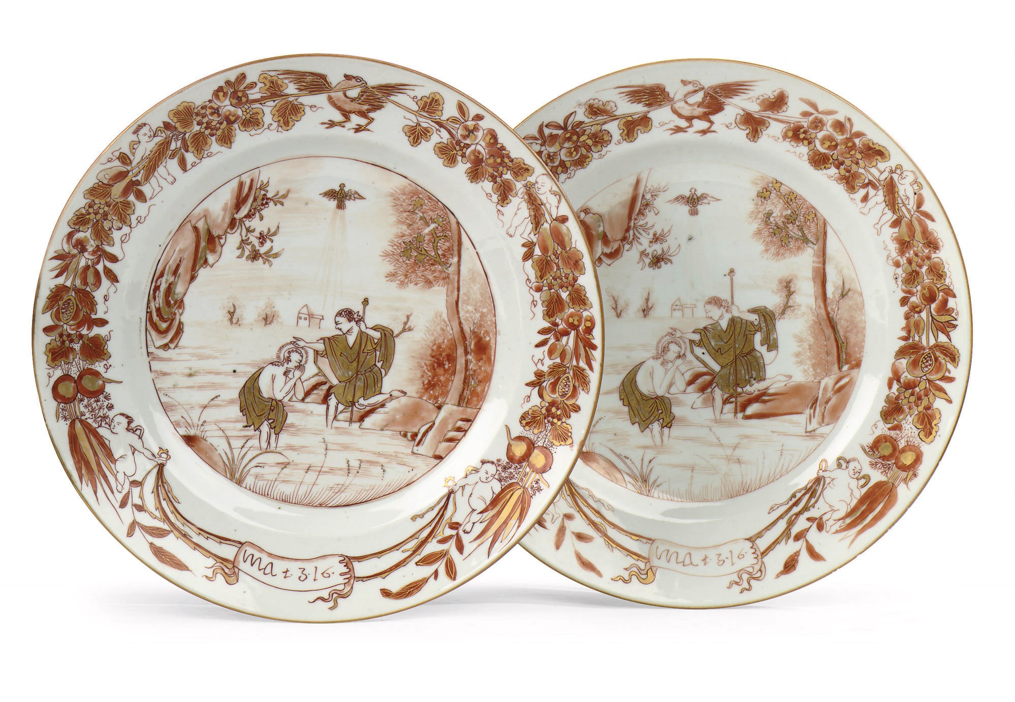 A pair of Chinese export iron-red and gilt 'John the Baptist' dishes