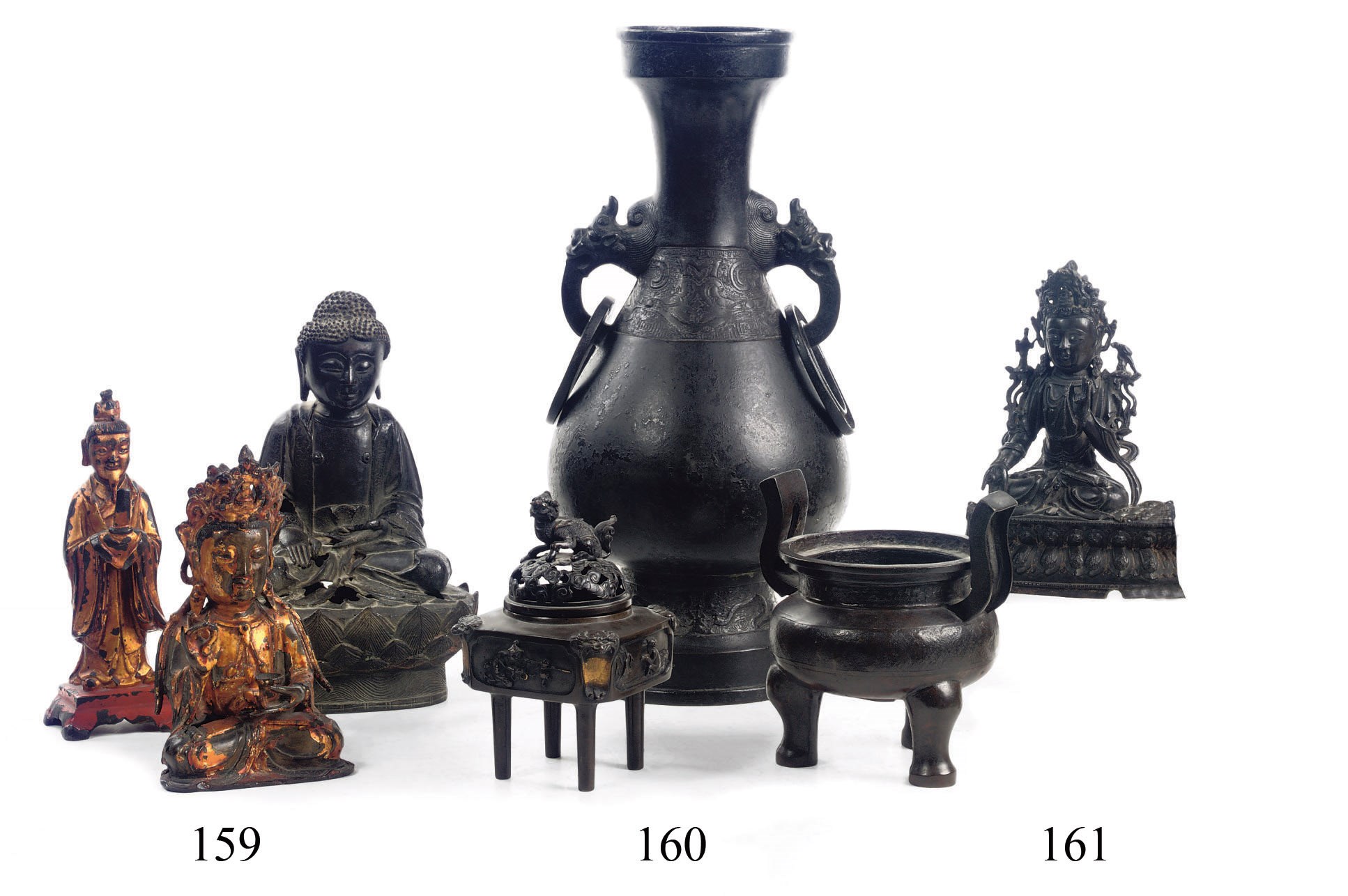 A Chinese bronze archaistic vase, tripod censer and a censer and cover