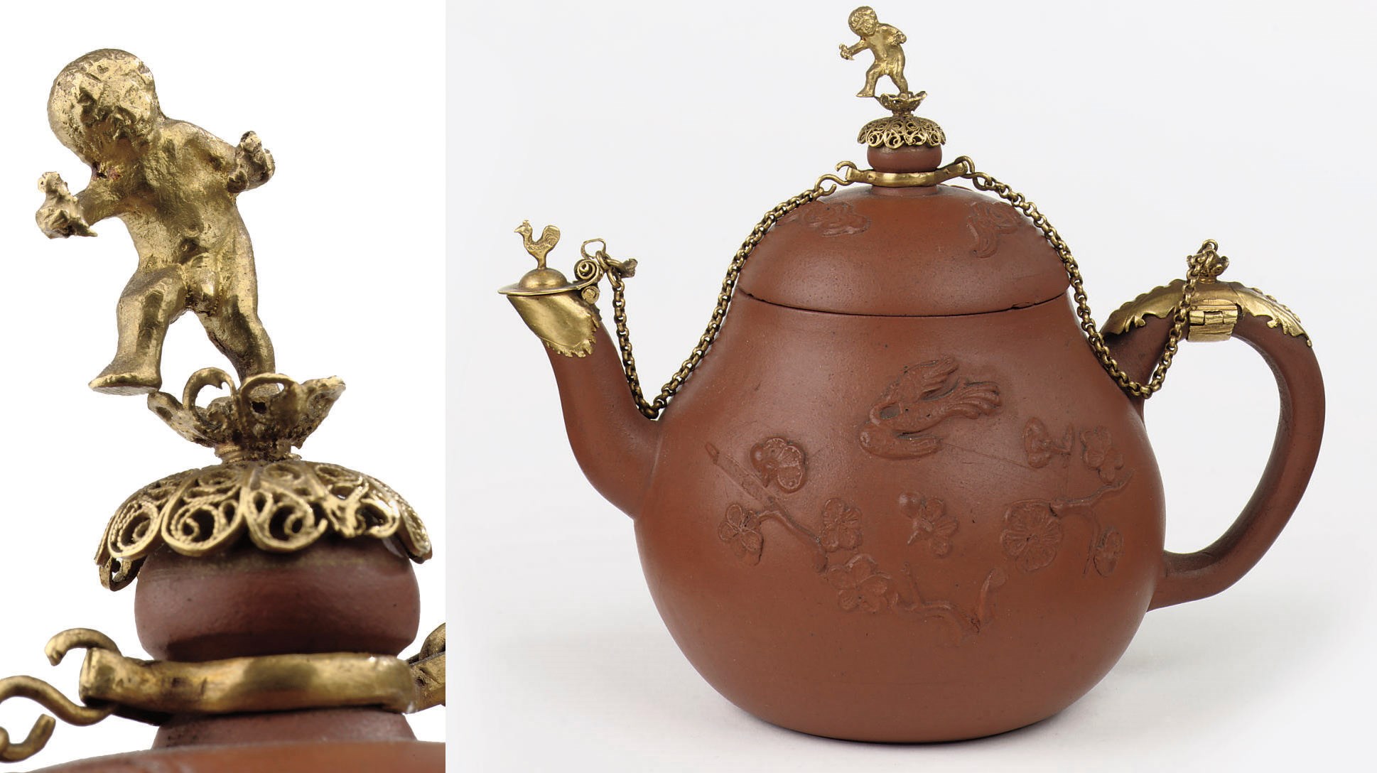 A Chinese Yixing stoneware gold-mounted teapot and cover