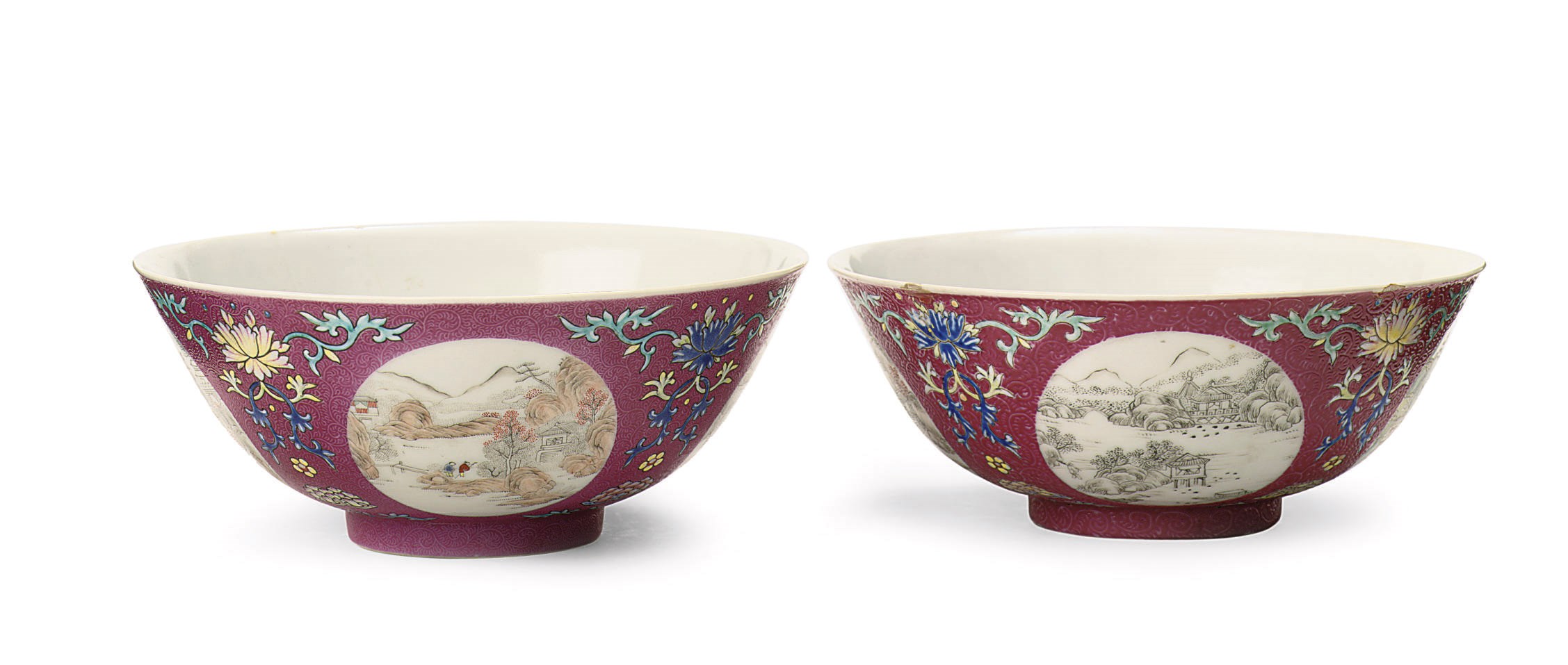 A matched pair of Chinese famille rose pink ground 'medallion' bowls