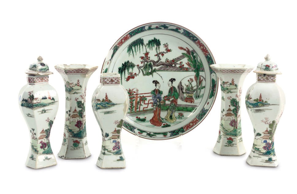 A Chinese famille rose five-piece garniture and a famille verte dish
