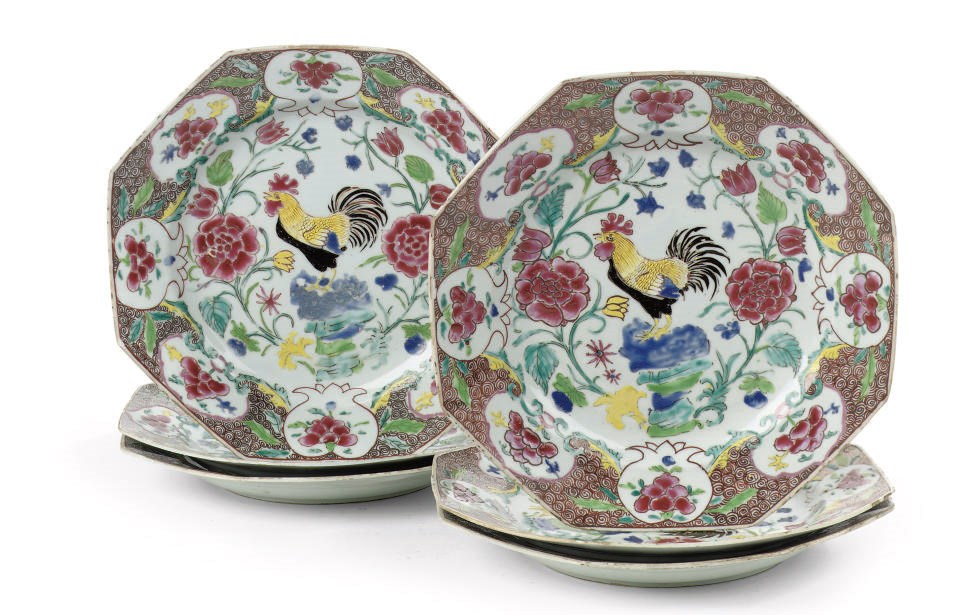 A set of six Chinese famille rose octagonal 'cockerel' plates