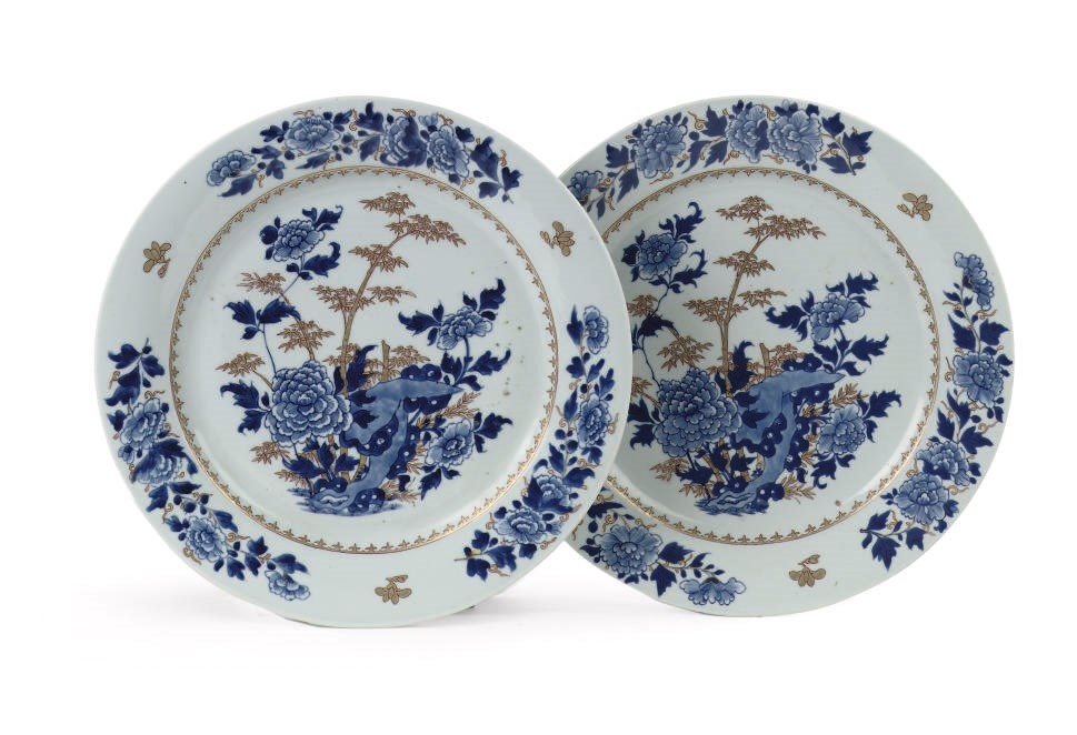 A pair of Chinese blue and white, iron-red and gilt dishes