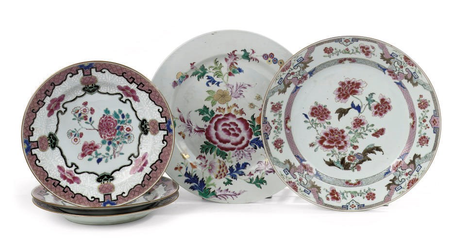 A set of three and two Chinese famille rose dishes