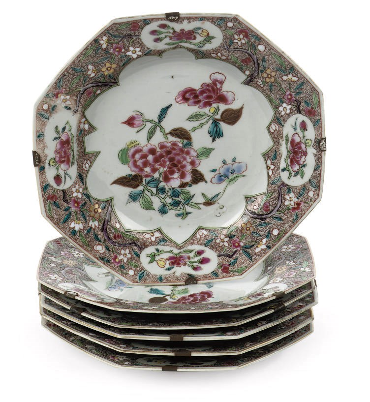 A set of six Chinese octagonal famille rose plates