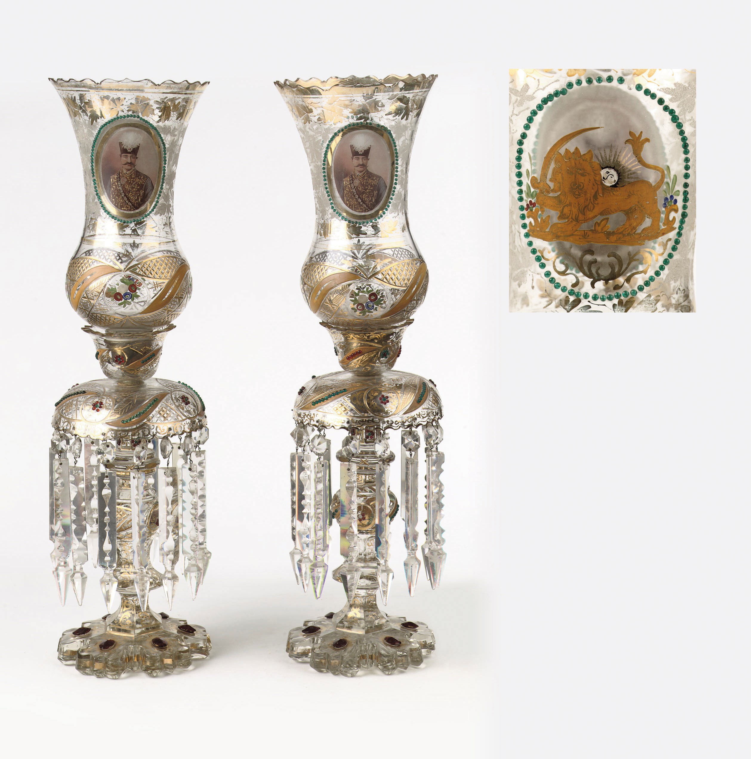 A pair of Bohemian enamelled and gilded cut glass candleholders for the Persian market