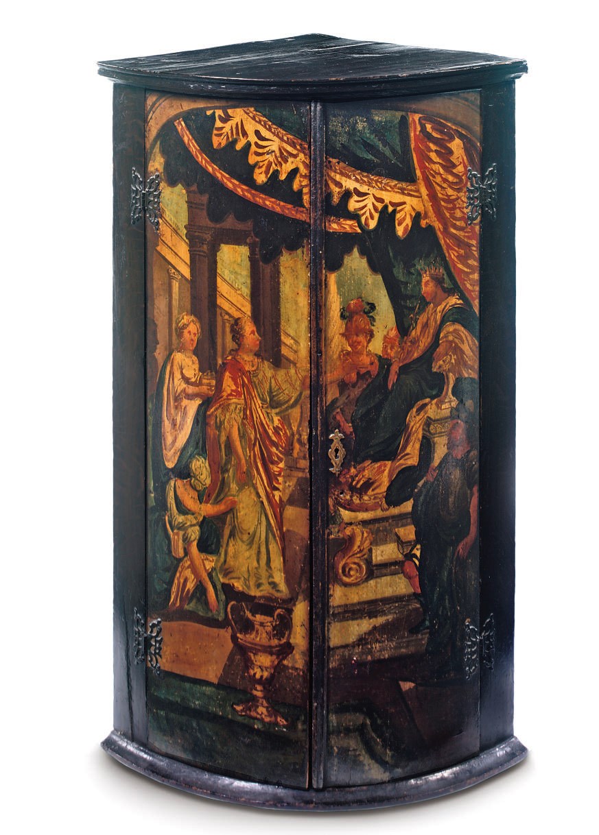 A DUTCH POLYCHROME-PAINTED HANGING CORNER CUPBOARD