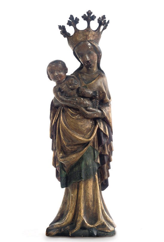 A POLYCHROME PARCEL-GILT CARVED WOOD GROUP OF THE VIRGIN AND CHILD