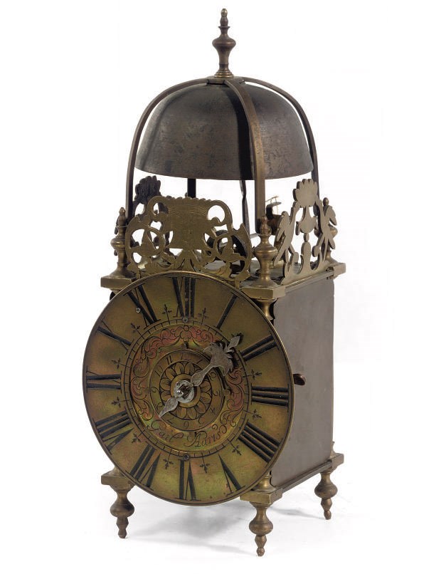 A FRENCH BRASS LANTERN TIMEPIECE WITH ALARM