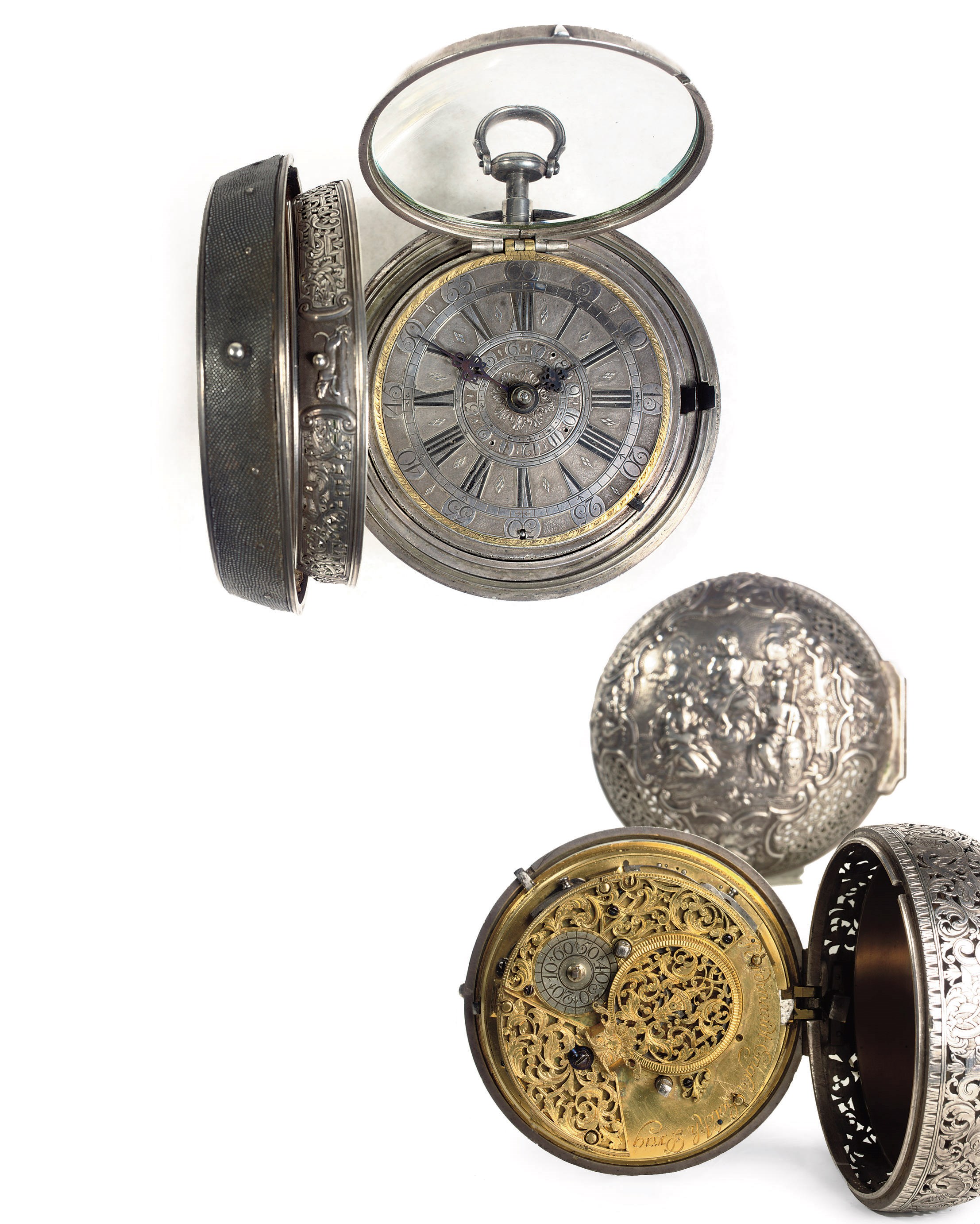 A BOHEMIAN SILVER REPOUSSE, ENGRAVED AND FISHSKIN TRIPLE CASED COACH WATCH WITH ALARM AND REPEAT