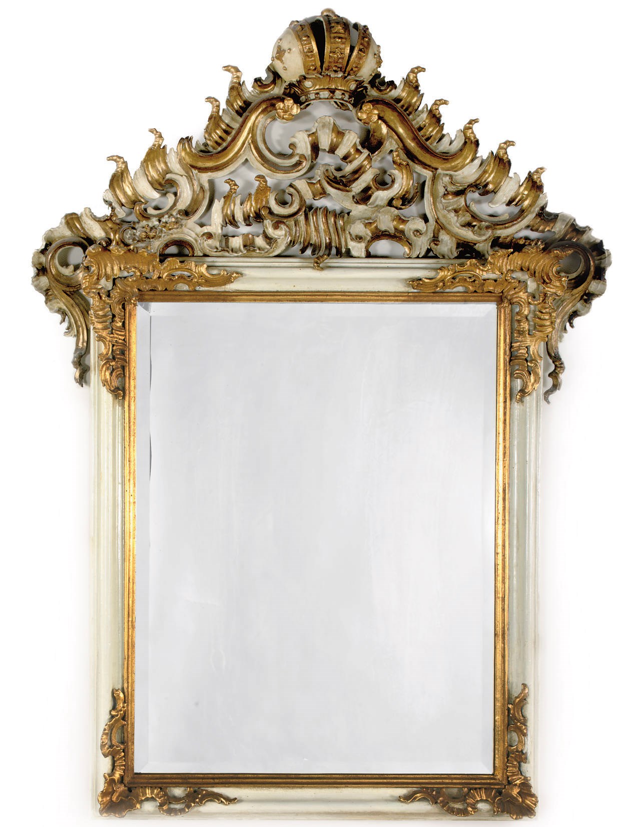 A GERMAN PARCEL-GILT AND WHITE-PAINTED MIRROR