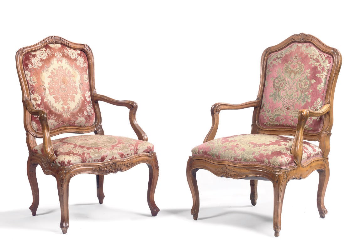 TWO VARIOUS GERMAN WALNUT FAUTEUILS