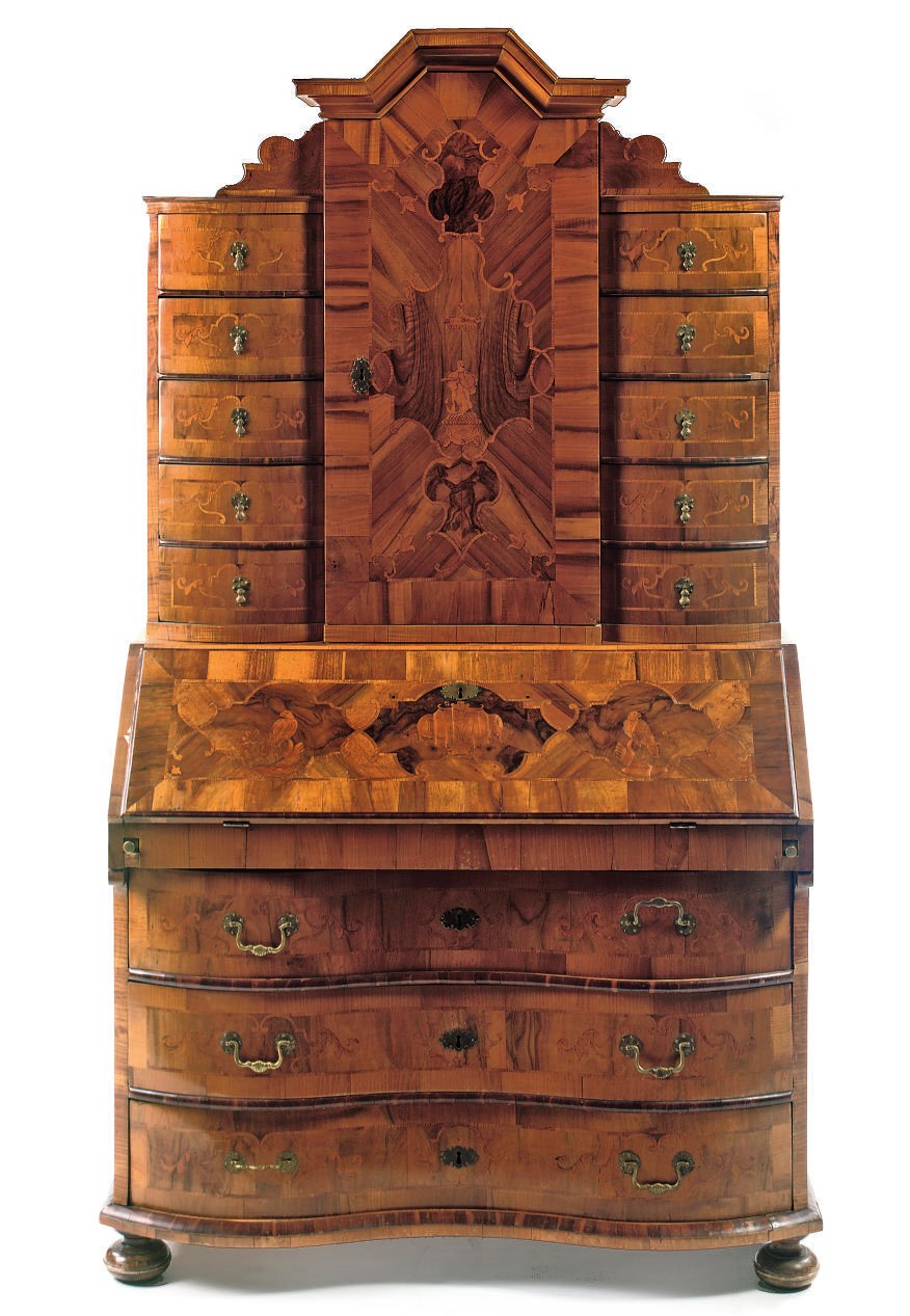A NORTH GERMAN BRASS-MOUNTED WALNUT, BURR-WALNUT, ASH AND FRUITWOOD MARQUETRY BUREAU CABINET