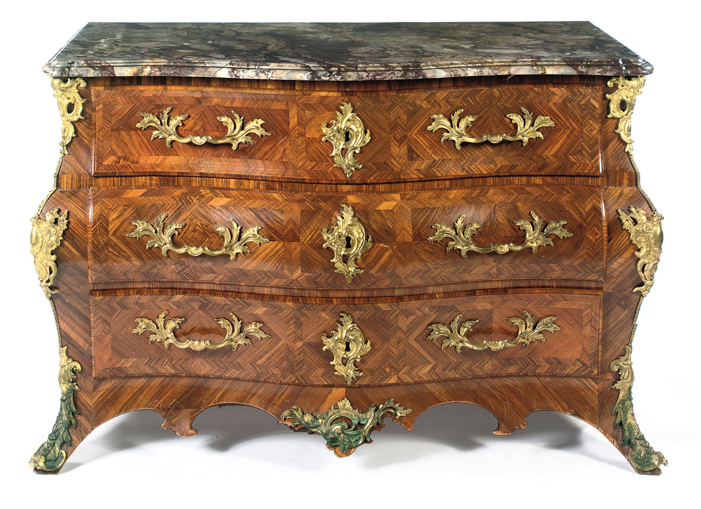 A ORMOLU-MOUNTED WALNUT MARQUETRY COMMODE