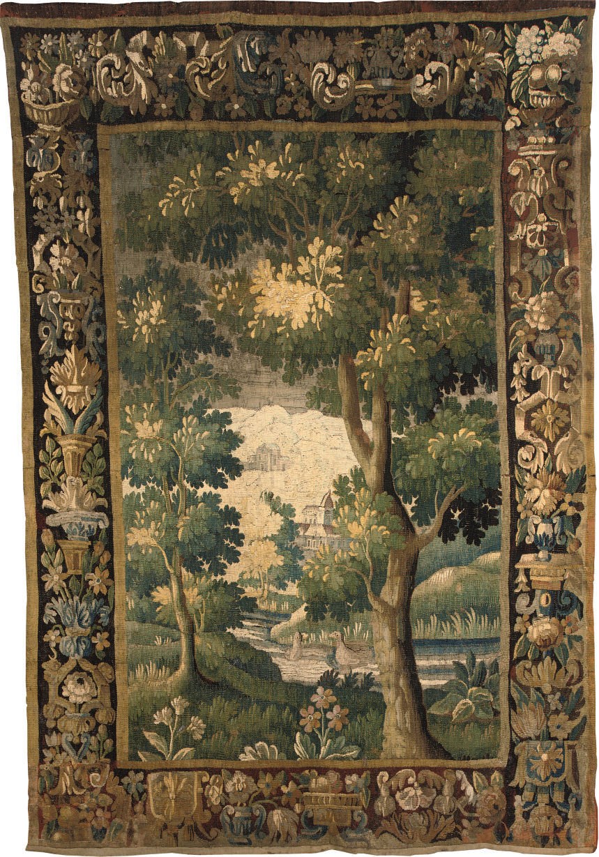 AN AUBUSSON VERDURE TAPESTRY FRAGMENT
