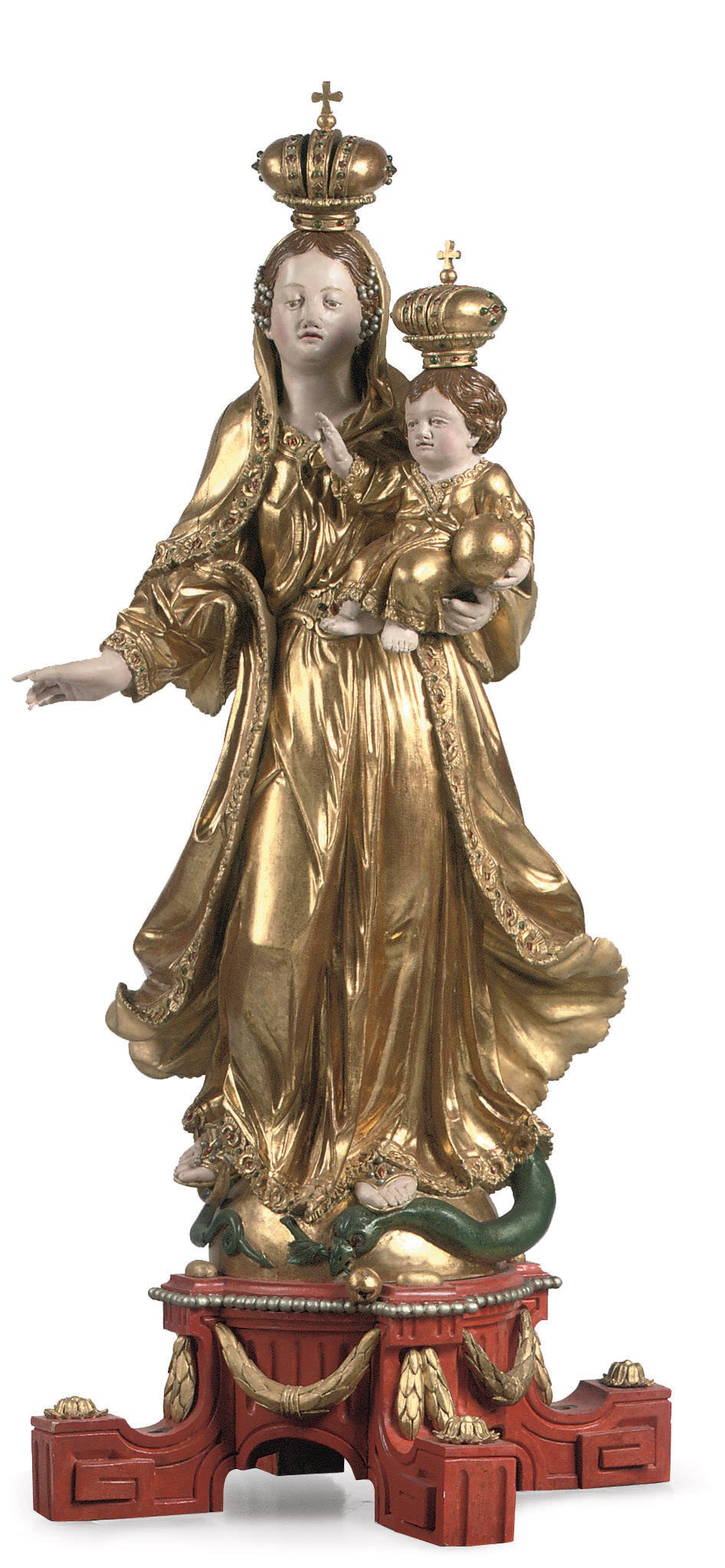 A POLYCHROME PARCEL-GILT CARVED WOOD GROUP OF THE VIRGIN AND CHILD