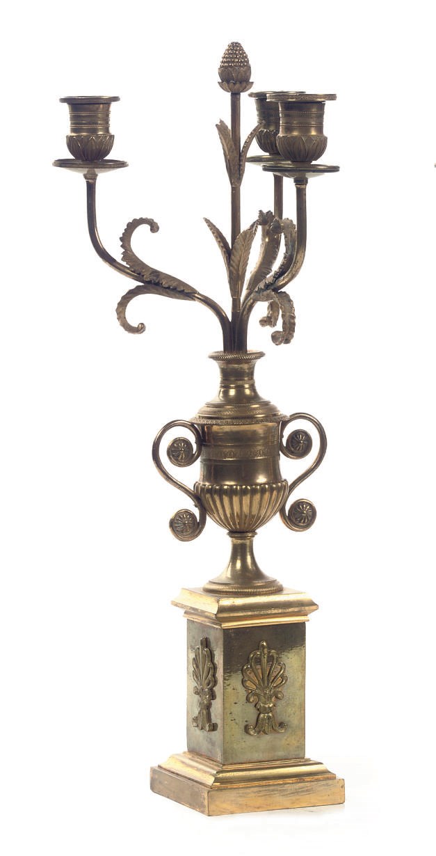 A PAIR OF ORMOLU THREE-LIGHT CANDELABRA