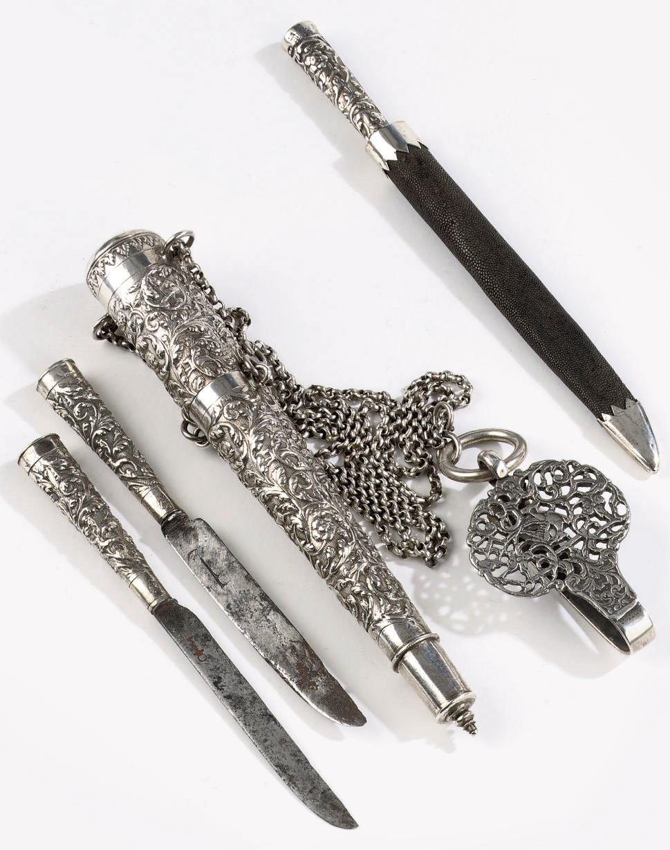 A Dutch silver case with two knives on chain with a belthook and a knife in shagreen-fitted silver-mounted case
