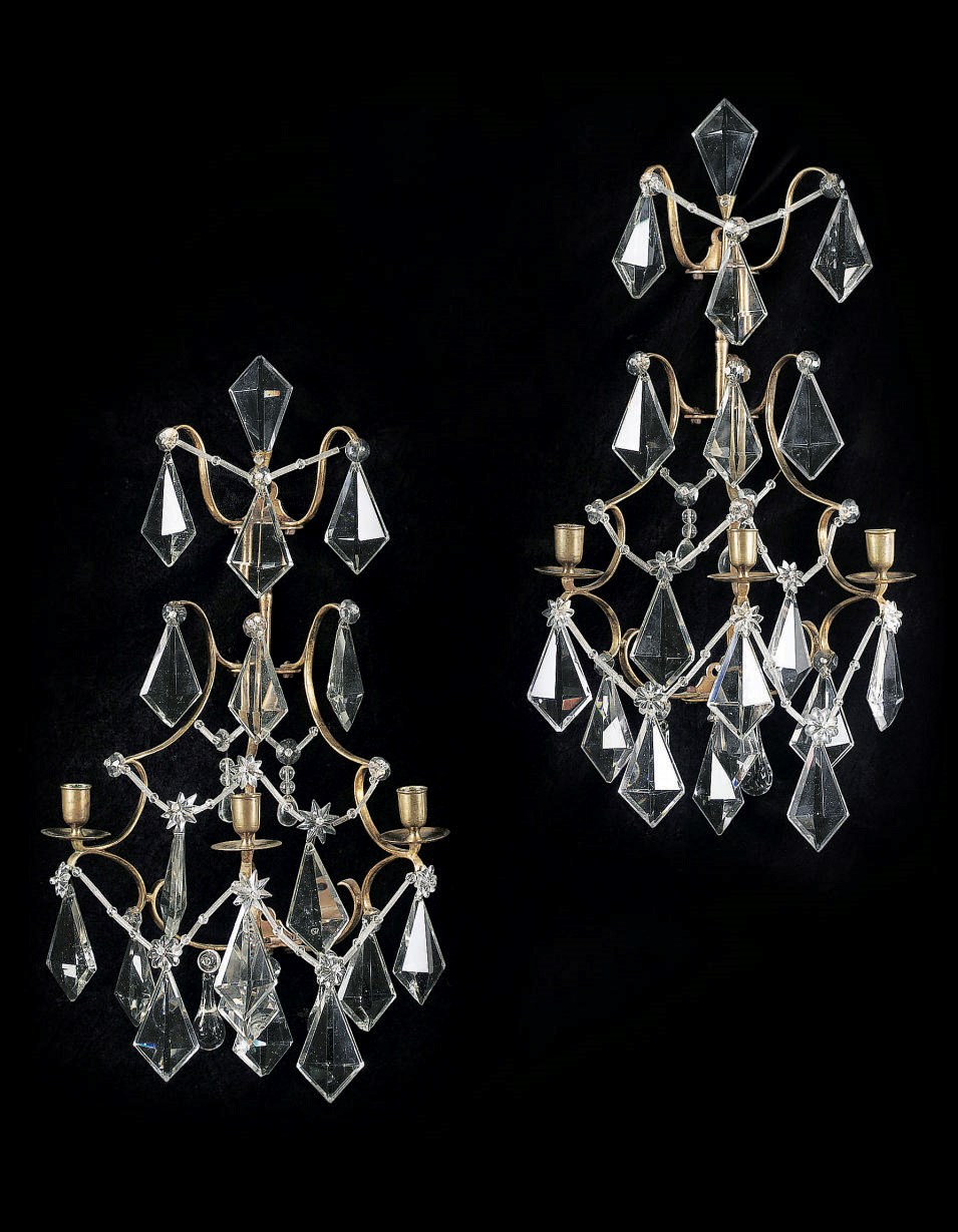 A PAIR OF BALTIC GILT-METAL AND CUT-GLASS THREE-LIGHT GIRANDOLES